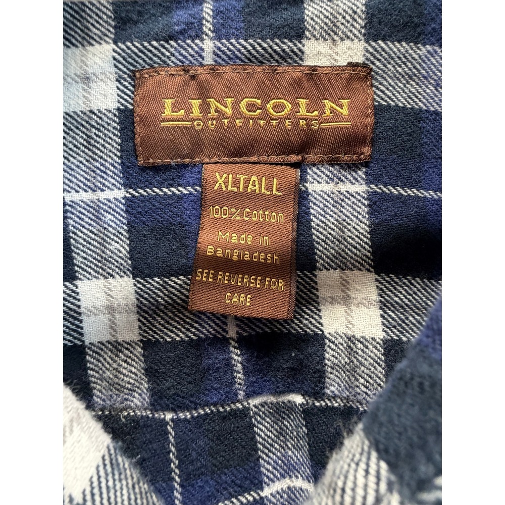 Lincoln Outfitters Mens XL Tall Flannel Shirt Navy Blue White Plaid Cotton L/S - Picture 2 of 6